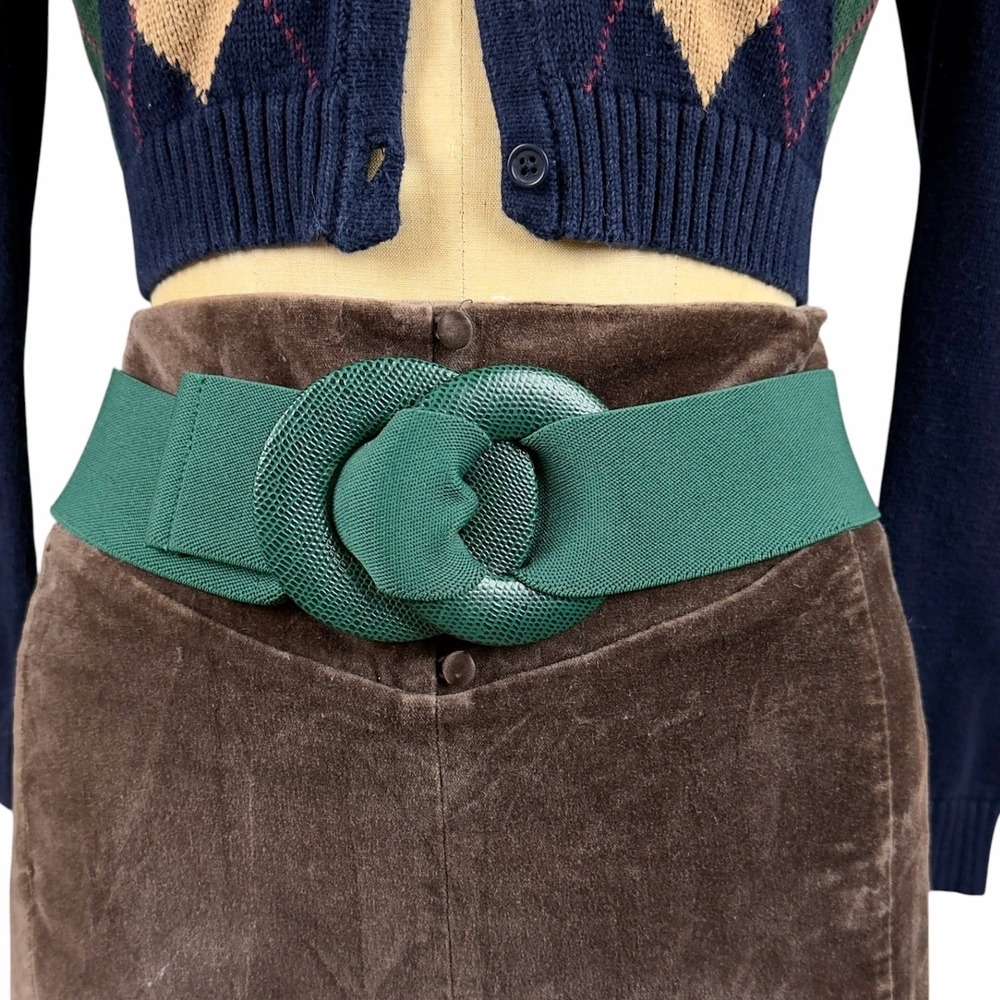 80s Retro Chunky Waist Belt Green Snakeskin Buckle Elastic Cinch Eclectic OS